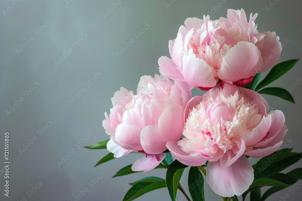 A modern and elegant composition featuring a trio of peonies against a clean backdrop