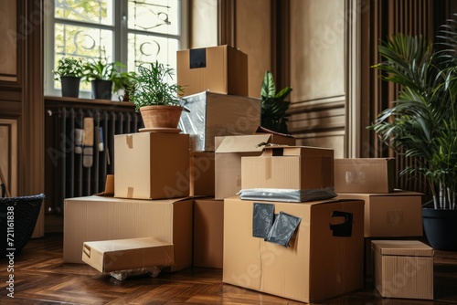 Stack of cardboard boxes with household belongings on wooden floor in living room of old classical style house. Moving to new home, relocation, homestaging, removals and delivery, Generative AI photo
