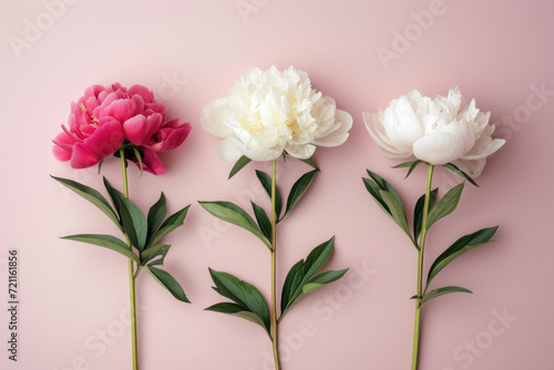 A modern and elegant composition featuring a trio of peonies against a clean backdrop