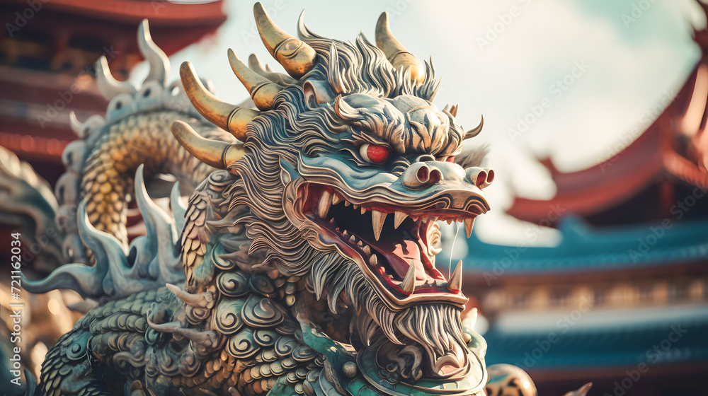 closeup of head Dragon statue in chinese temple, vintage color tone style closeup of head Dragon statue in chinese temple, vintage color tone style