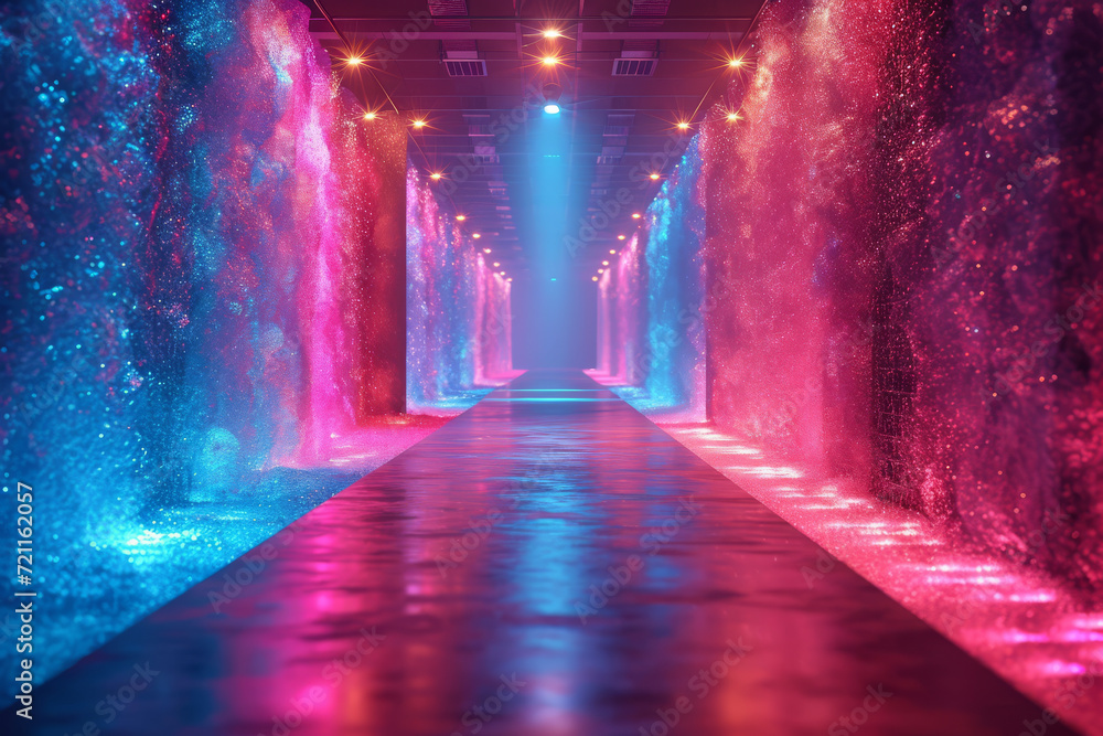 A fashion runway lit with silver gels, adding a futuristic and sleek ambiance. Concept of thematic lighting in fashion shows and events. Generative Ai.