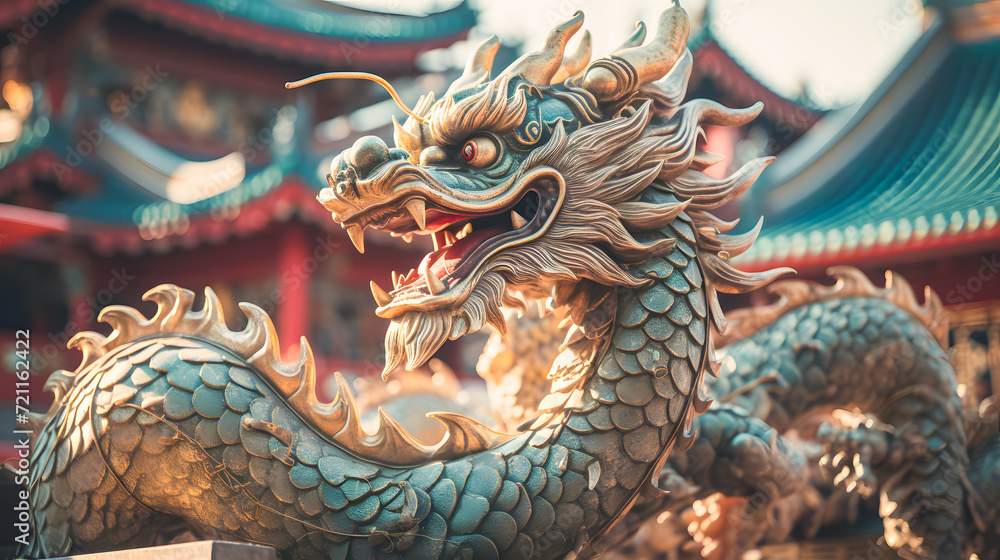 closeup of head Dragon statue in chinese temple, vintage color tone style closeup of head Dragon statue in chinese temple, vintage color tone style
