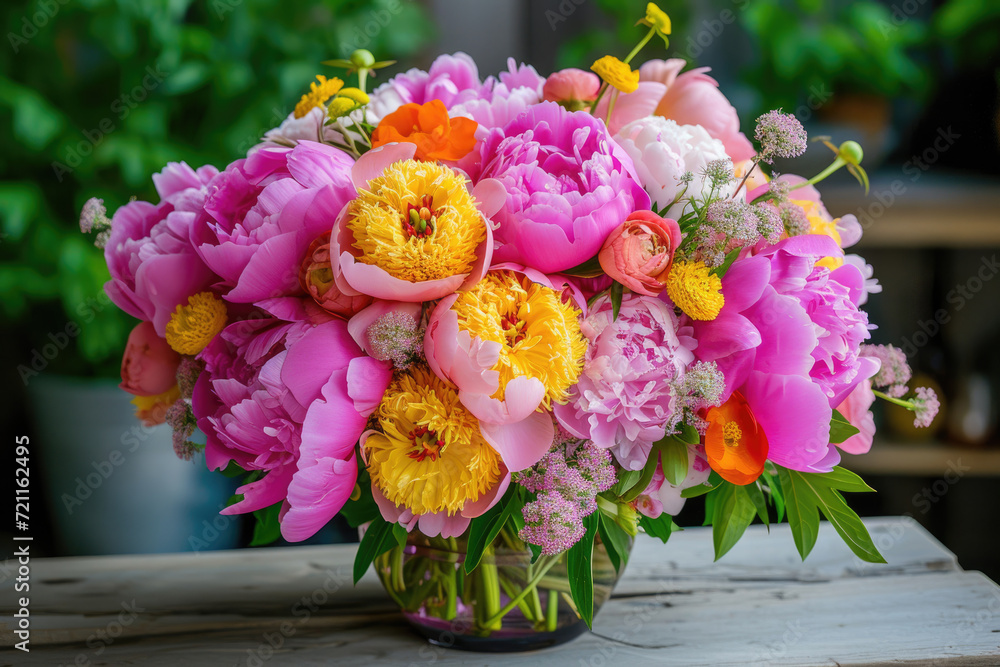 An explosion of vibrant peony blooms arranged in a lush bouquet creating a burst of color and energy