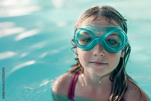 A pretty little girl with glasses is swimming in the pool