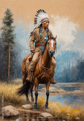 Impressionism painting . Artistic drawing of A native american on horse. artist canvas art oil painting collection for decoration and interior. wall art photo
