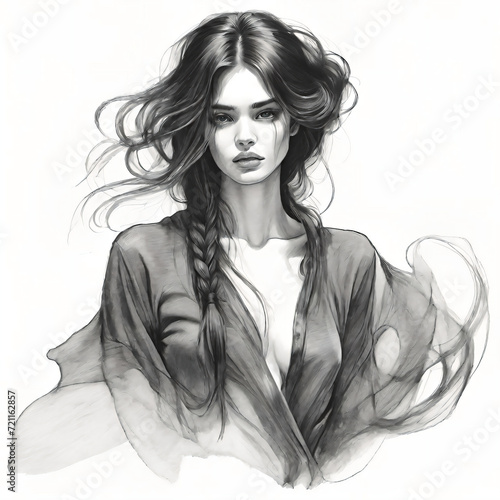 Portrait drawing of a young woman with messy hair