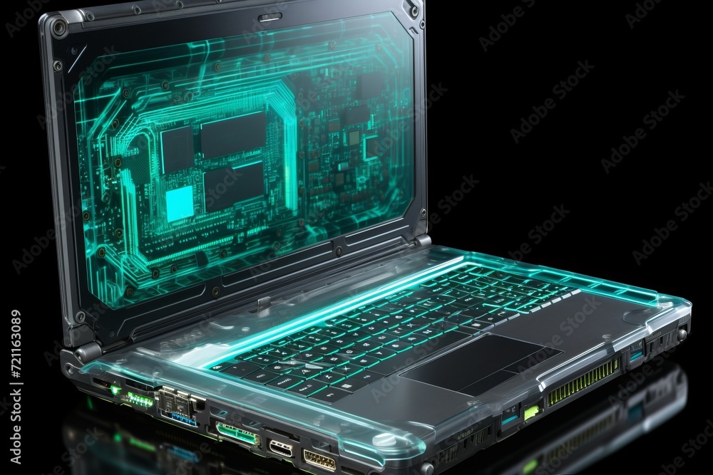 Holographic Laptop Design - Futuristic Concept of Modern Portable Computer with Advanced Technology Holographic Laptop Design - Futuristic Concept of Modern Portable Computer with Advanced Technology