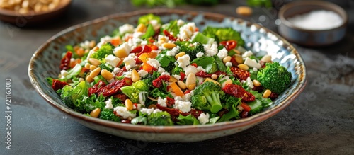 Vegetarian keto-friendly salad with broccoli, feta, sun dried tomatoes, and pine nuts.
