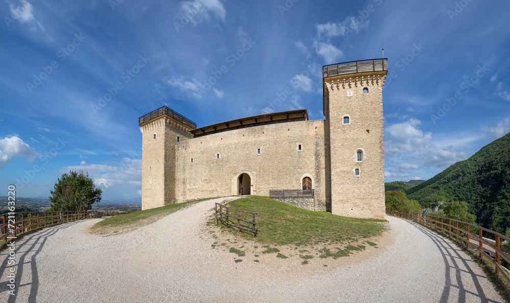 Spoleto, Italy. Entrance to Rocca di Spoleto (Rocca Albornoziana) - medieval fortress located on the top of the Sant'Elia hill