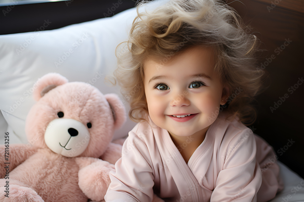 little blonde girl sleeping in bed hugging a teddy bear under a pink knitted blanket. little blonde girl sleeping in bed hugging a teddy bear under a pink knitted blanket.