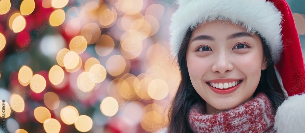 Cheerful Smiling Asian Girl Dons Santa Claus Costume for a Happy Holiday Cheerful Smiling Asian Girl Dons Santa Claus Costume for a Happy Holiday