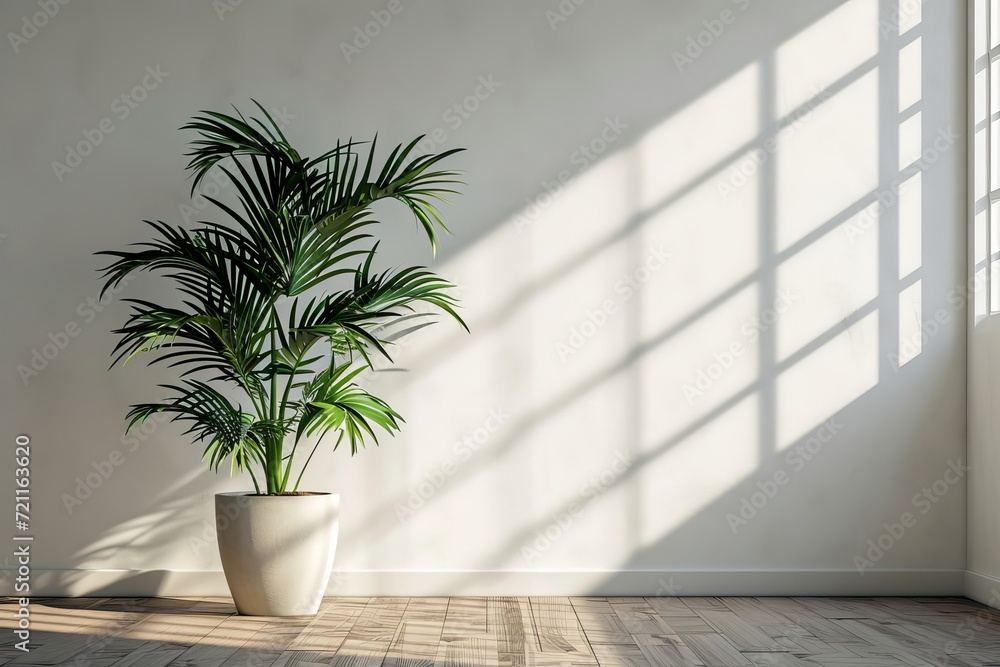 Modern interior mockup template. Light empty space with white wall, wooden floor and green potted plant. Sun rays entering into empty room from the, Generative AI