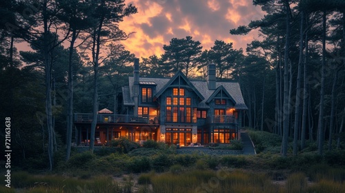 Coastal Cape Cod home framed by tall pines