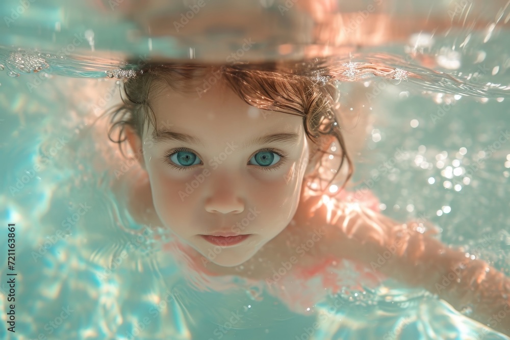 A pretty little girl is swimming in the pool
