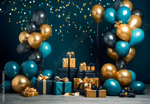 Celebration party banner with Blue and golden color balloons background. Sale illustration. Grand Opening Card luxury greeting rich. Party background