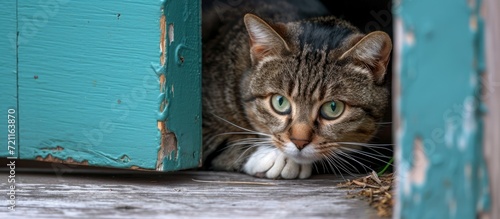 Cat rubs against the door.