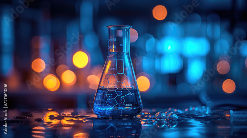 Laboratory glassware and test tubes with colorful liquids on white table outdoors. Chemical reaction