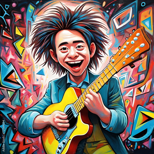 A very cute adorable rock star playing a guitar. a very funny weird cartoon character with psychedelic glowing luminescent coloring painting. acrylic on canvas