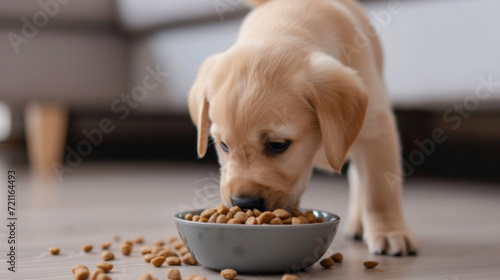 Cute puppy eating from a bowl with pet food in the living room