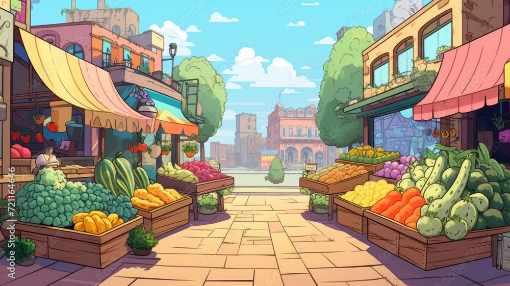 cartoon Food market stalls with fruits and vegetables. - obrazy, fototapety, plakaty 