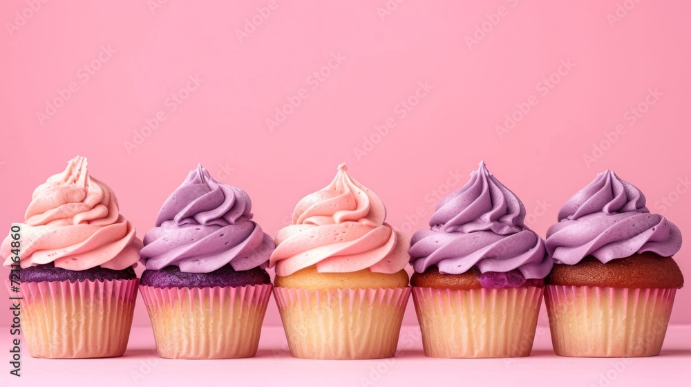A row of cupcakes with pink and purple frosting on a pink background.
