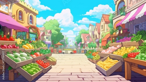 cartoon Food market stalls with fruits and vegetables.