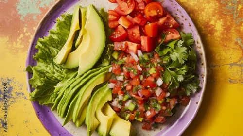 A vibrant plate of sliced avocado, tomato, salsa, and lettuce on a purple and yellow background.