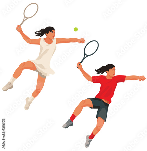 Two female figures of a high-jumping Asian women's tennis player in a white and red uniform catching the ball © ivnas