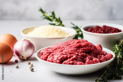 Minced Meat, Onions, Eggs on White Table, Ground Fresh Meat Fillet, Uncooked Red Mincemeat, Raw Veal