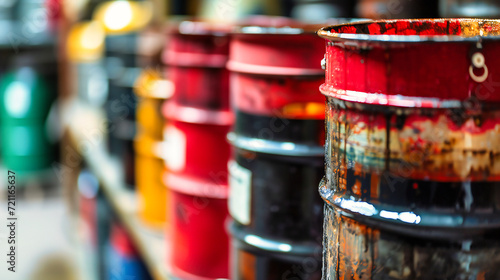 Assortment of Paint Cans, Colorful Metal Containers for Renovation and Creative Work, Environmental Concept photo