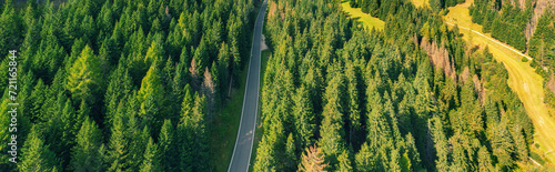 Mountain landscape Mountain road in the forest in autumn. The Dolomites in South Tyrol, Italy, Europe. Horizontal banner