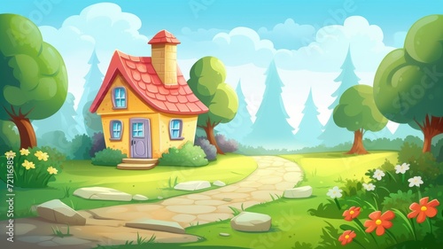 cartoon illustration of a cozy cottage nestled between large, magical trees in a vibrant, enchanted forest