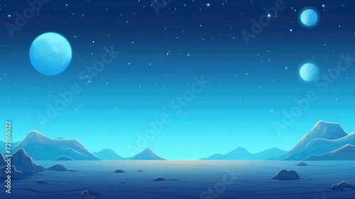 cartoon fantastic planet blue surface illustration  landscape under a starry sky.