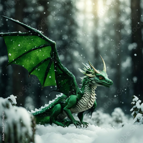 Green dragon in the snow.