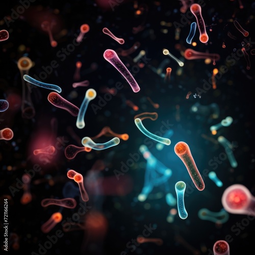 A group of colorful bacteria floating in the air. Generative AI.