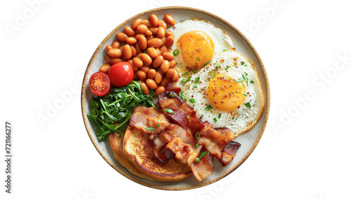 Breakfast. Fried eggs, bacon, bread, bean soup arranged on a plate, white background.