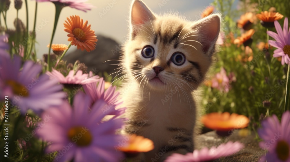 Adorable kitten with striking blue eyes exploring a field of purple flowers.