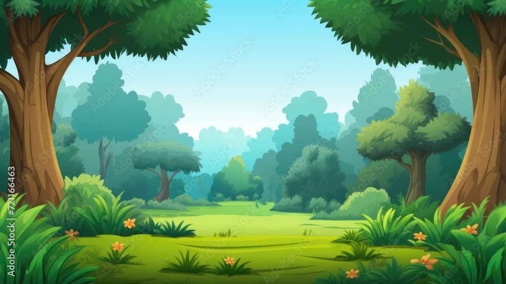 cartoon lush green forest landscape with diverse vegetation and a clear sky.