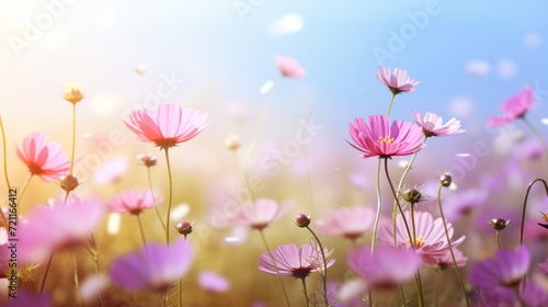 Vibrant pink cosmos flowers flourishing under a soft, sunlit blue sky.