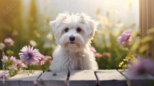 A small white dog with a fluffy coat sitting peacefully among garden flowers.