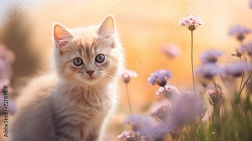 Cute ginger kitten with blue eyes in a field of purple flowers.