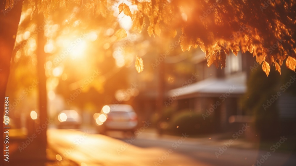 Sunset light filters through autumn leaves on a quiet suburban street, evoking a warm, tranquil atmosphere.