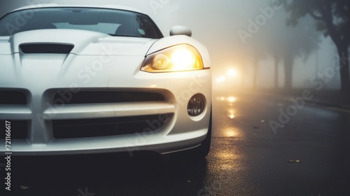 A white sports car s headlights shining through fog on an empty road.