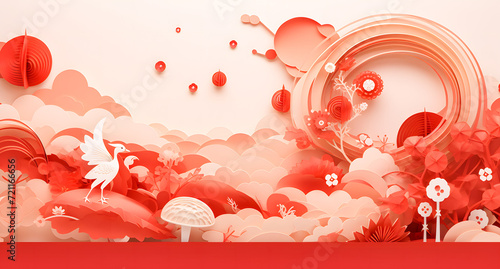 Chinese paper background with clouds and flower over white and red background