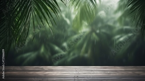 Rain pours down on a wooden deck beneath the overhanging fronds of tropical palm leaves, creating a moody atmosphere. photo