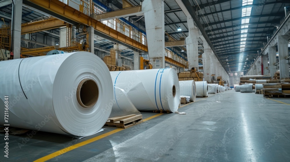 Large rolls of paper stored methodically in an expansive industrial warehouse setting. Large rolls of paper stored methodically in an expansive industrial warehouse setting.