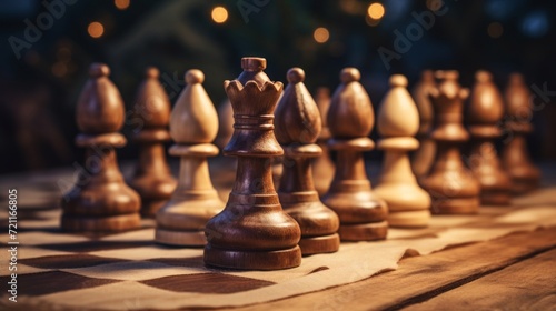 Wooden chess pieces neatly arranged and ready for a strategic game on the board.