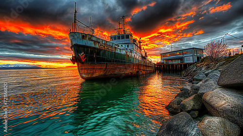 Sunset at the Sea with Shipwreck, Abandoned Boat on Shore, Ocean Landscape and Environmental Concept