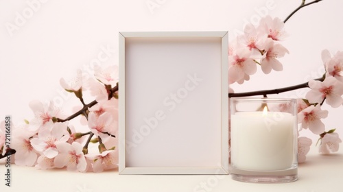 Soft pink spring blossoms and a lit candle in a serene  peaceful setting.