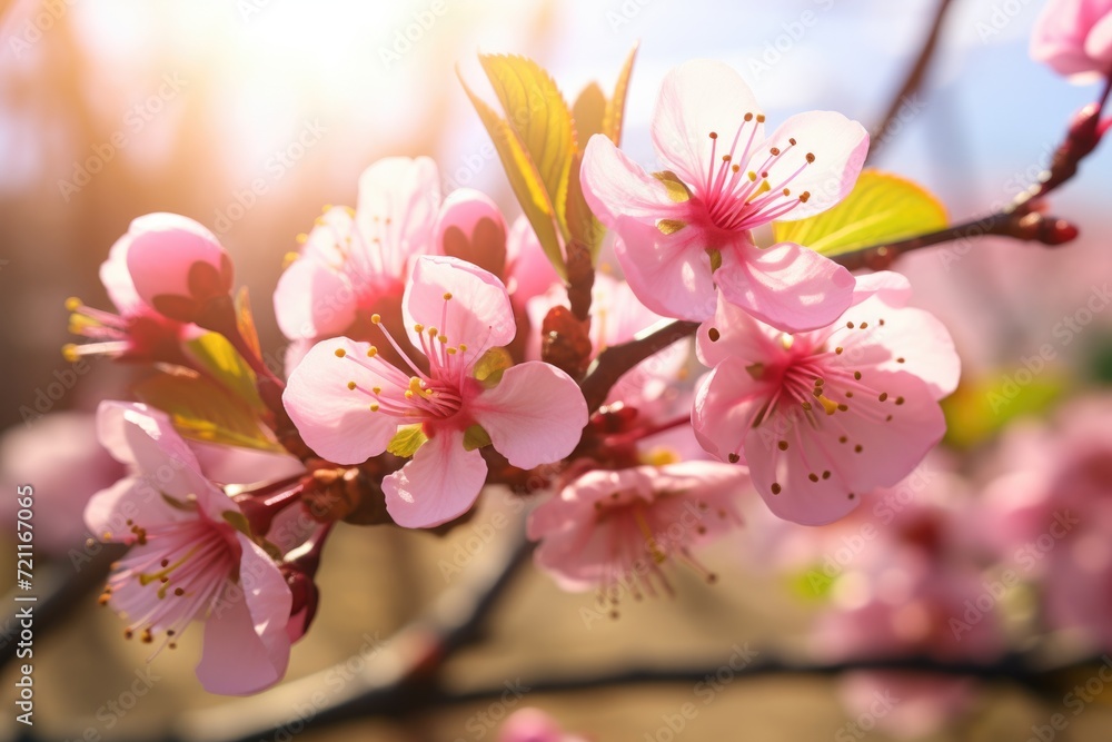 Naklejka premium Spring blossom background with blooming tree and sun flare.